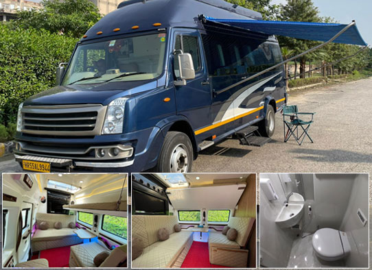 8 seater luxury caravan with toilet washroom kitchen hire in delhi gurgaon